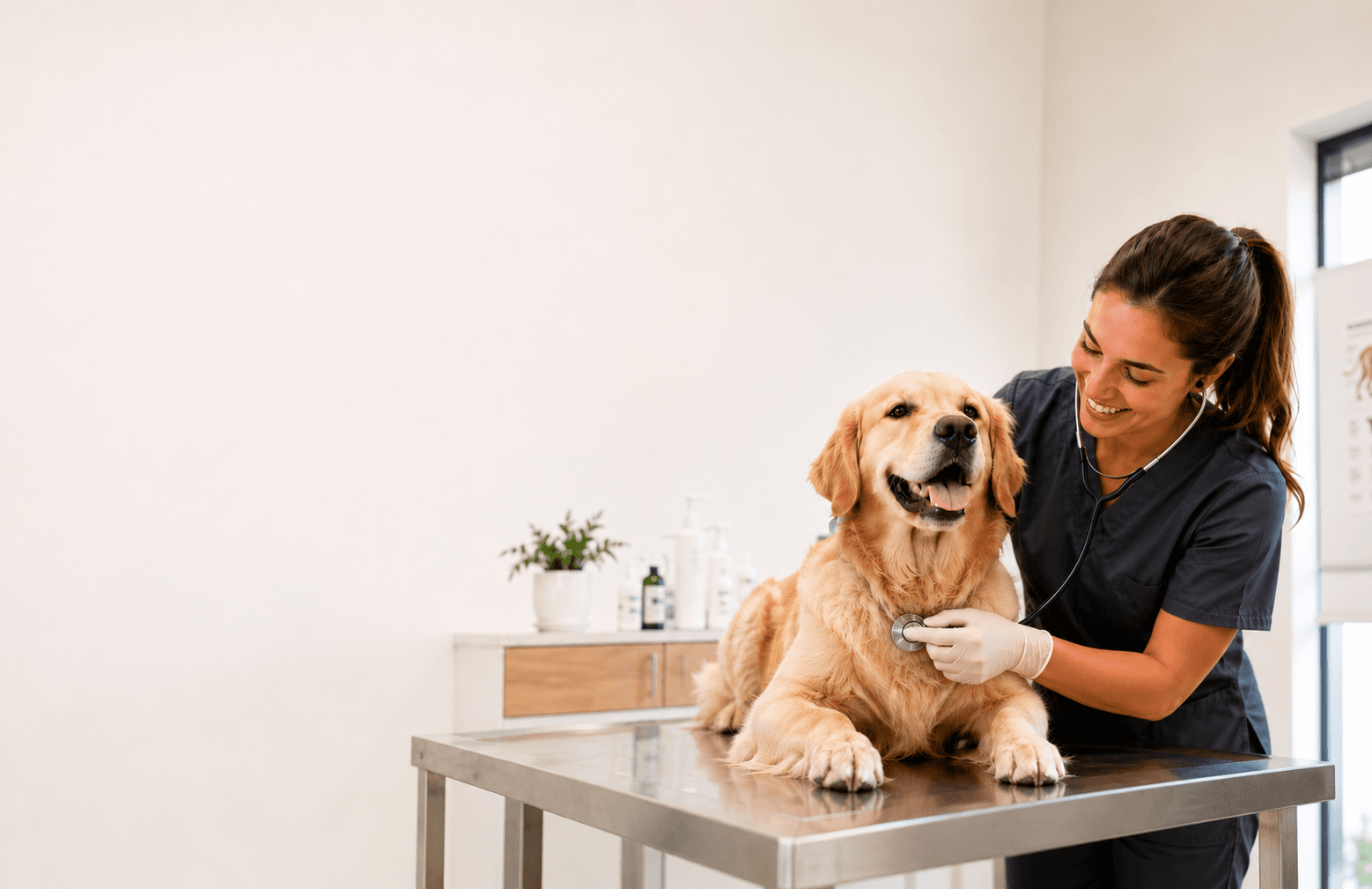 Veterinária examinando um cão em clínica do Grupo CVRBG